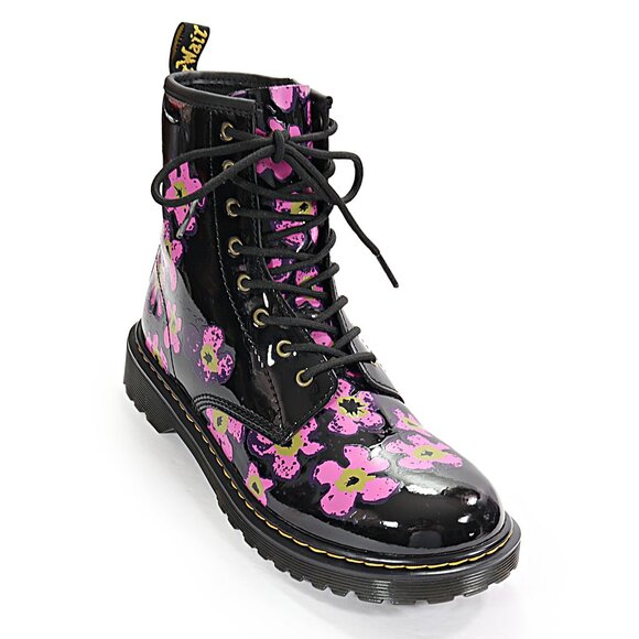 Dr Martens Women's 1460 Boot Pink Pansy Fayre Floral Black Patent Leather Size 7 - Picture 1 of 8